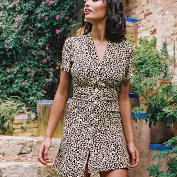 💕ROUJE💕 Marion Dress ~ Fleurette Nuit Black with Yellow Floral Print EU 40 NWT - Picture 3 of 16